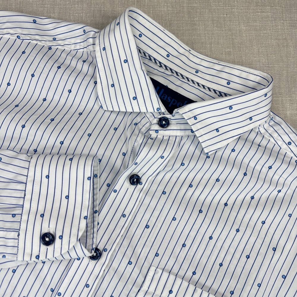 Haspel Button Down Shirt Mens Medium White Blue Striped Dotted Made in Italy